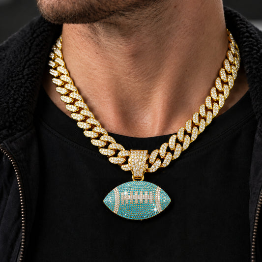 Aqua American Football gold-tone rhinestone Cuban-link necklace, worn view