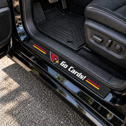 Arizona Cardinals carbon fiber texture car door sill protector strips installed on a black car