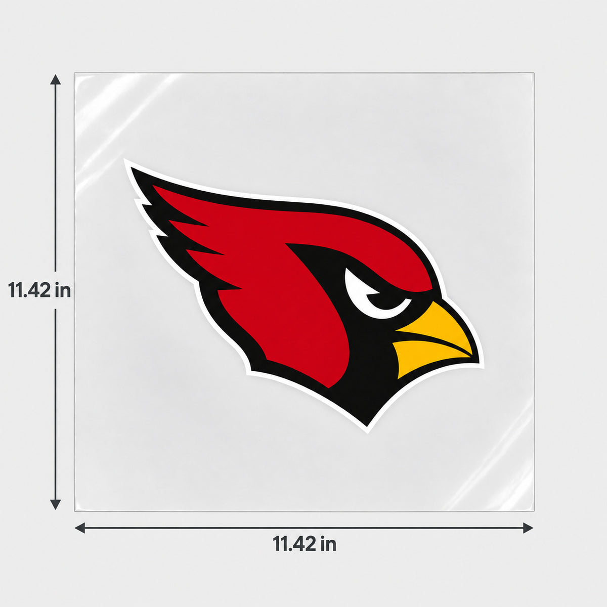 Arizona Cardinals decorative sticker displayed on clear film with size markings