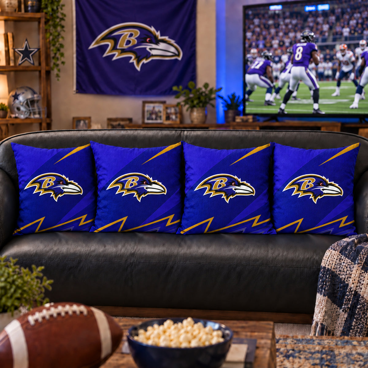 Matching Baltimore Ravens sofa cushion covers shown in a living-room styling example