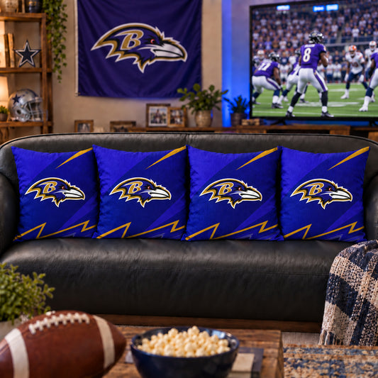Matching Baltimore Ravens sofa cushion covers shown in a living-room styling example