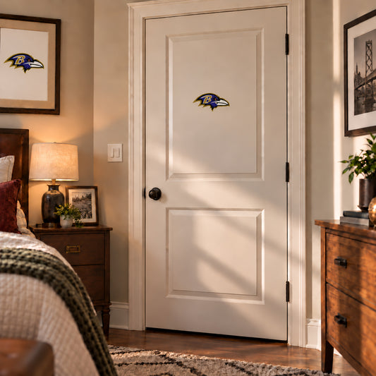 Baltimore Ravens decorative sticker on an interior door, corrected 29 cm proportion
