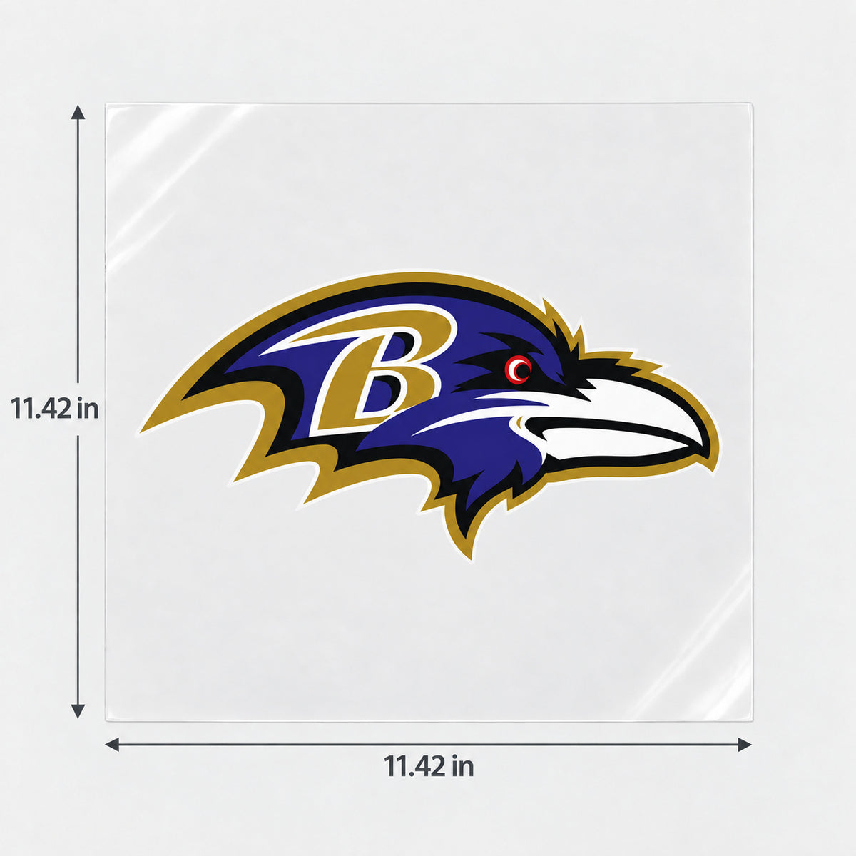 Baltimore Ravens decorative sticker displayed on clear film with size markings