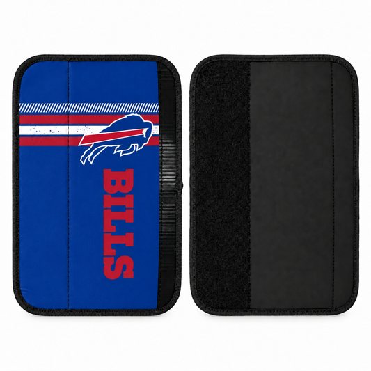 Buffalo Bills seat belt covers shown flat, front and back