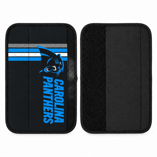 Carolina Panthers seat belt covers shown flat, front and back