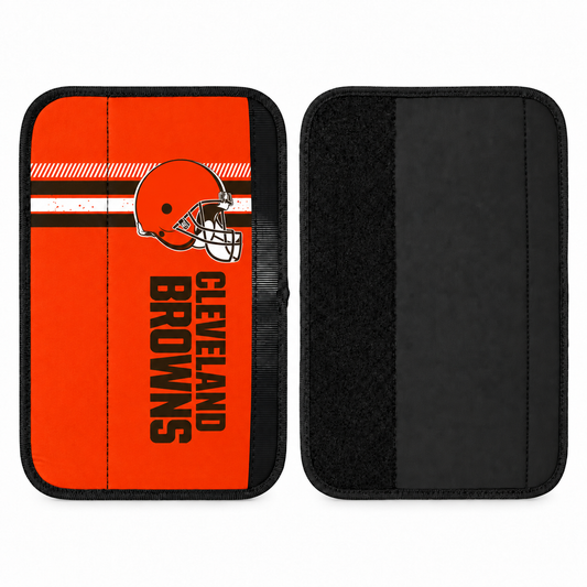 Cleveland Browns seat belt covers shown flat, front and back