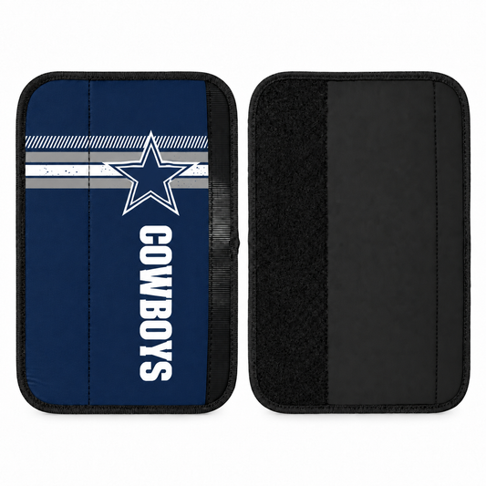 Dallas Cowboys seat belt covers shown flat, front and back