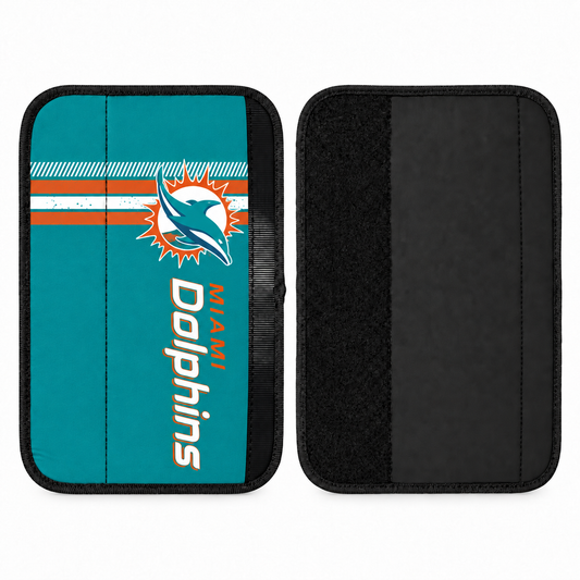 Miami Dolphins seat belt covers shown flat, front and back