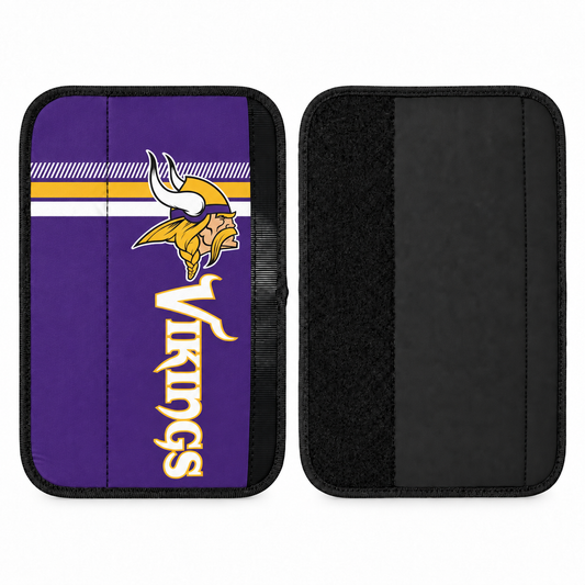 Minnesota Vikings seat belt covers shown flat, front and back