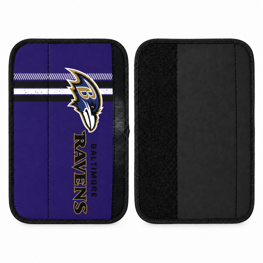 Baltimore Ravens seat belt covers shown flat, front and back