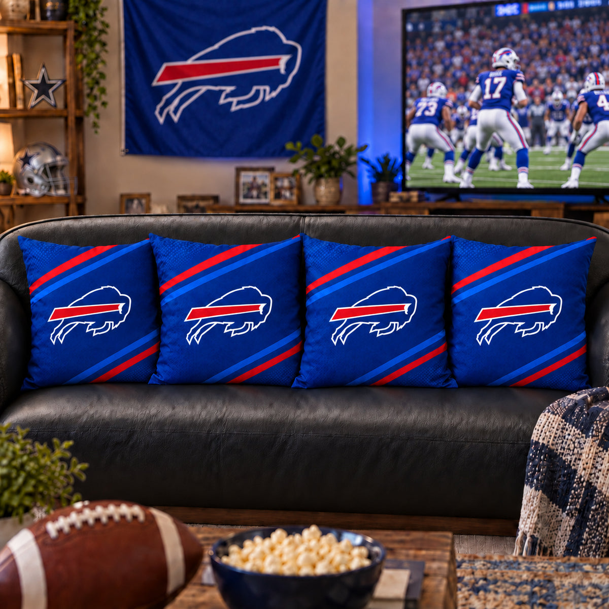 Matching Buffalo Bills sofa cushion covers shown in a living-room styling example