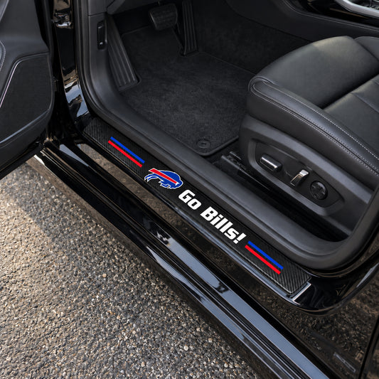 Buffalo Bills carbon fiber texture car door sill protector strips installed on a black car