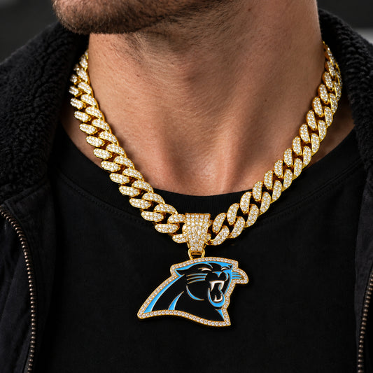 Carolina Panthers gold-tone rhinestone Cuban-link necklace, worn view