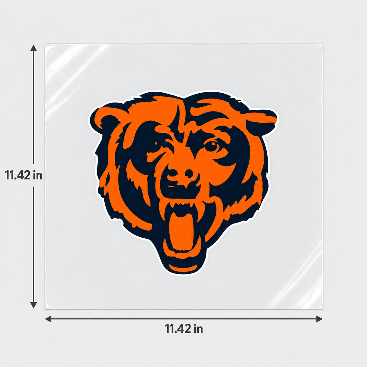 Chicago Bears decorative sticker displayed on clear film with size markings