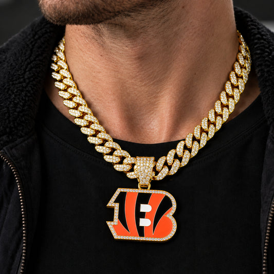 Cincinnati Bengals gold-tone rhinestone Cuban-link necklace, worn view