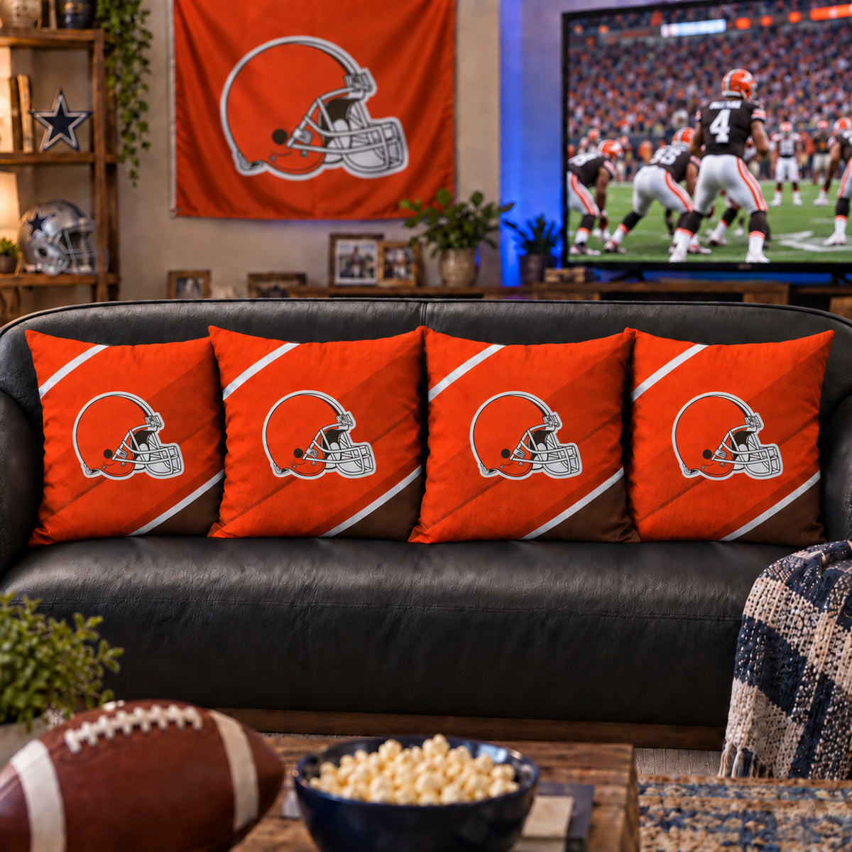 Matching Cleveland Browns sofa cushion covers shown in a living-room styling example