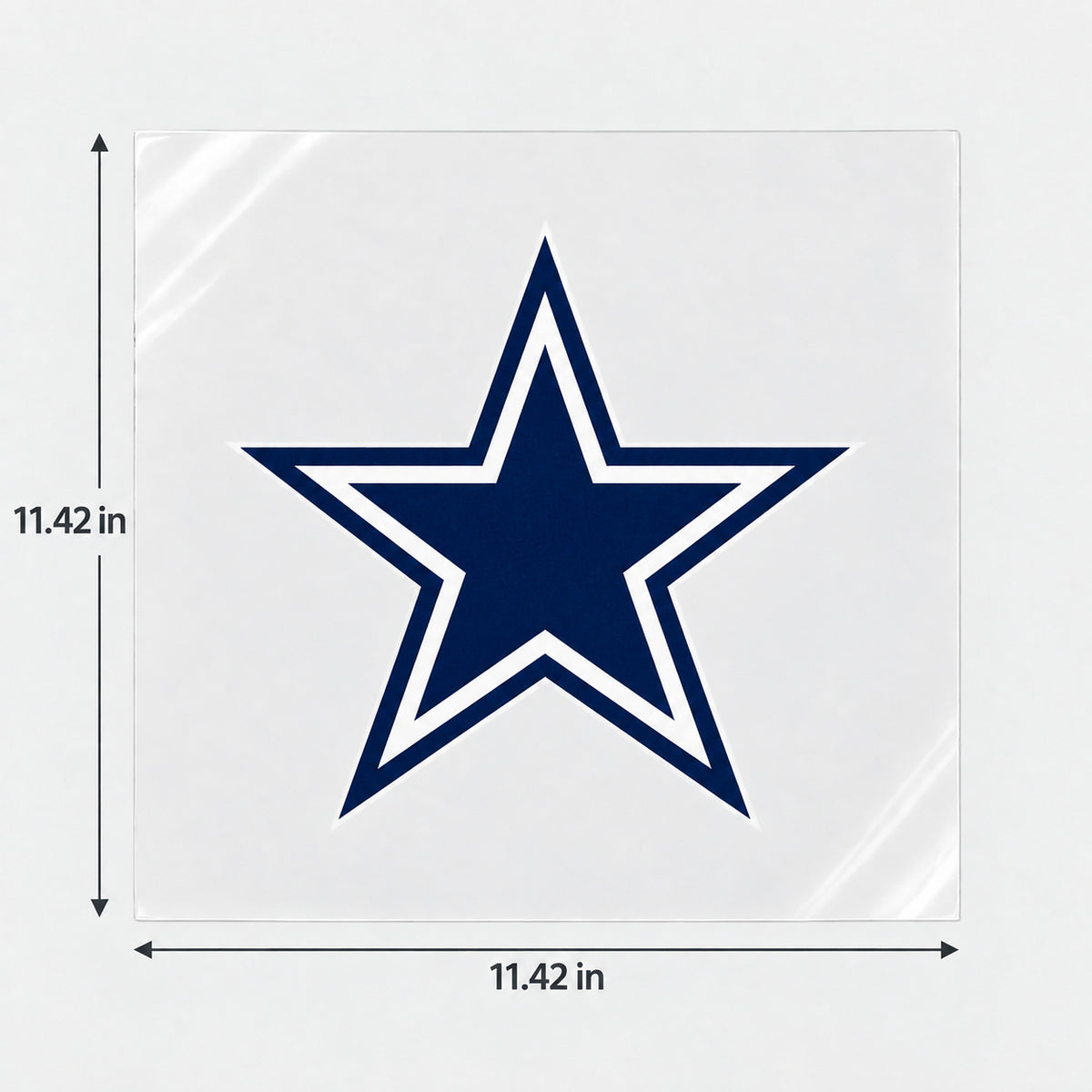 Dallas Cowboys decorative sticker displayed on clear film with size markings