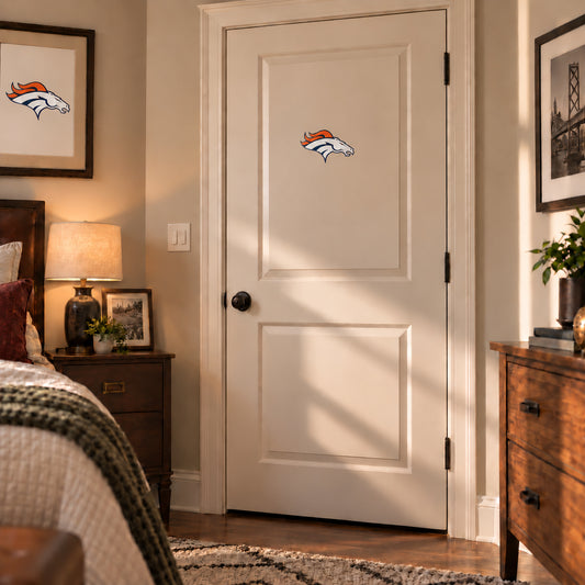 Denver Broncos decorative sticker on an interior door, corrected 29 cm proportion