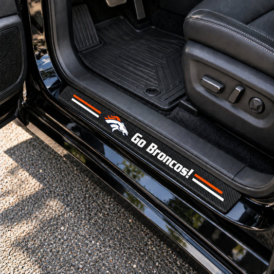 Denver Broncos carbon fiber texture car door sill protector strips installed on a black car