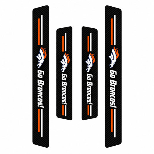 Denver Broncos car door sill protector strips — four-piece product layout