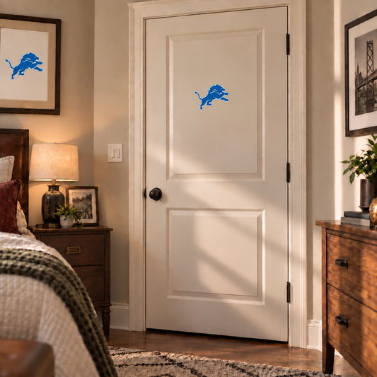 Detroit Lions decorative sticker on an interior door, corrected 29 cm proportion