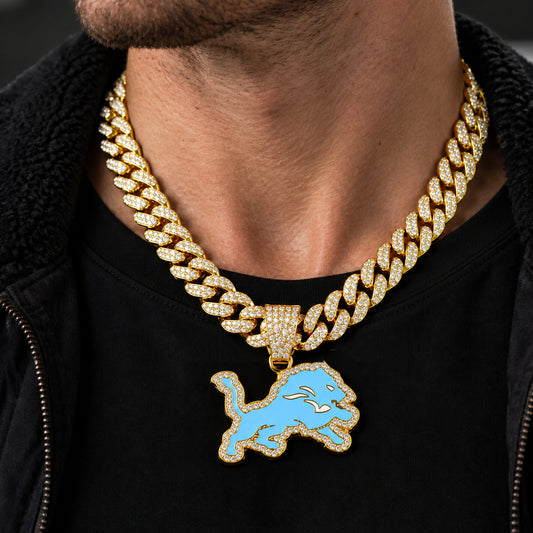 Detroit Lions gold-tone rhinestone Cuban-link necklace, worn view