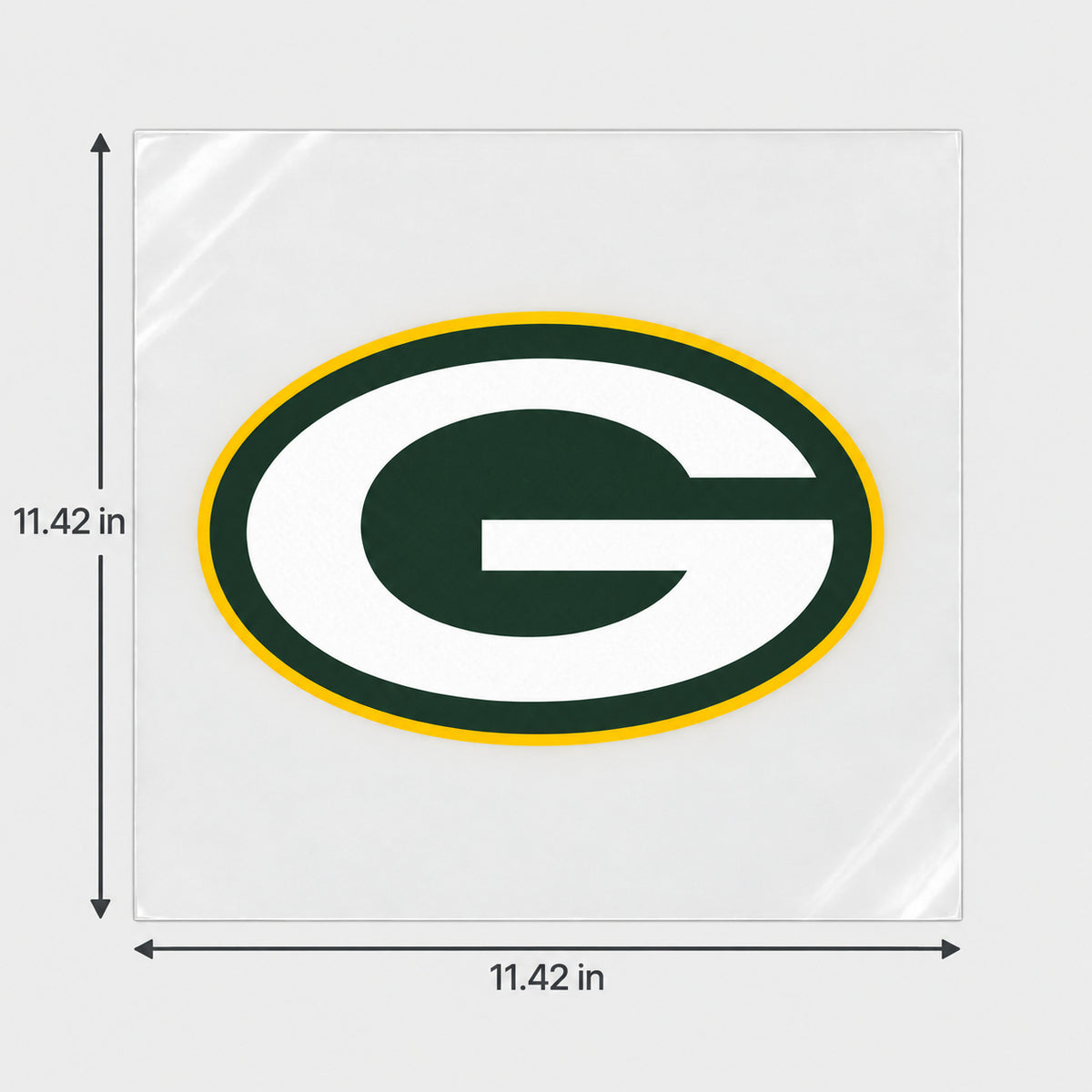 Green Bay Packers decorative sticker displayed on clear film with size markings