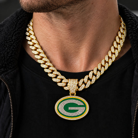 Green Bay Packers gold-tone rhinestone Cuban-link necklace, worn view