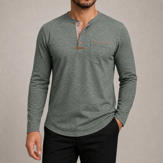 Harbor men's green contrast-trim long-sleeve Henley shirt on model, full-canvas view