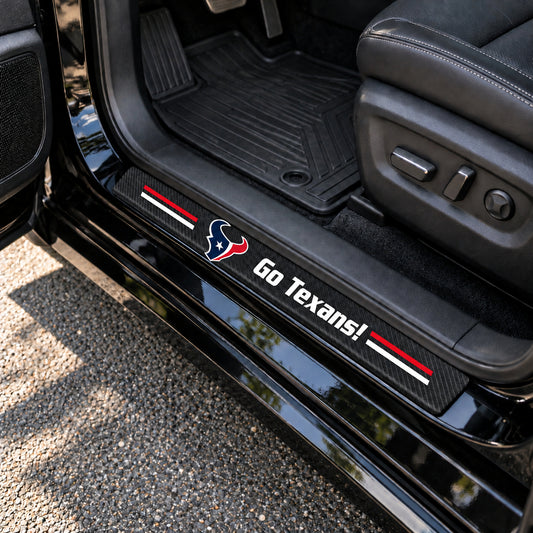 Houston Texans carbon fiber texture car door sill protector strips installed on a black car