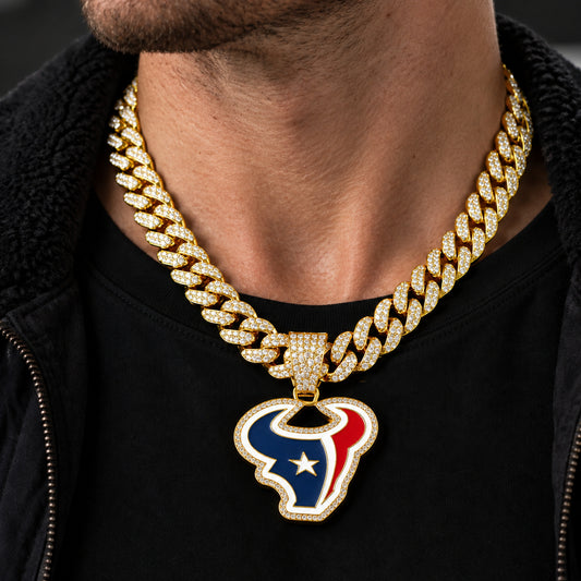 Houston Texans gold-tone rhinestone Cuban-link necklace, worn view