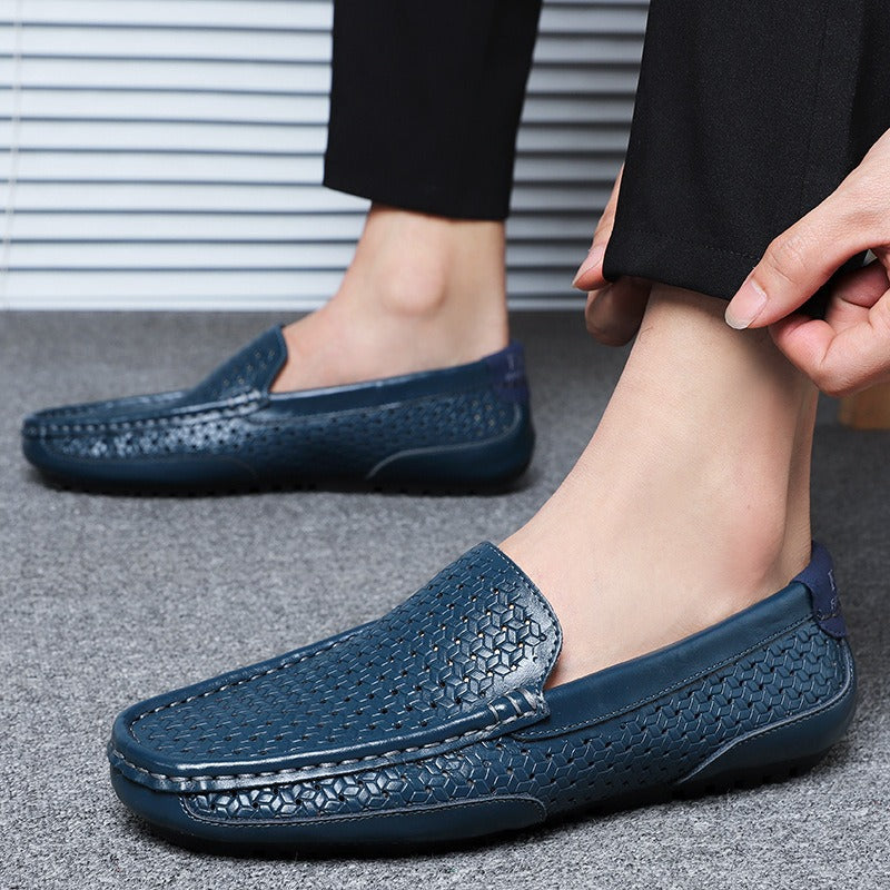 Hollow breathable slip-on driving leather shoes - Bellkmart