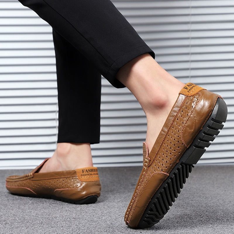 Hollow breathable slip-on driving leather shoes - Bellkmart