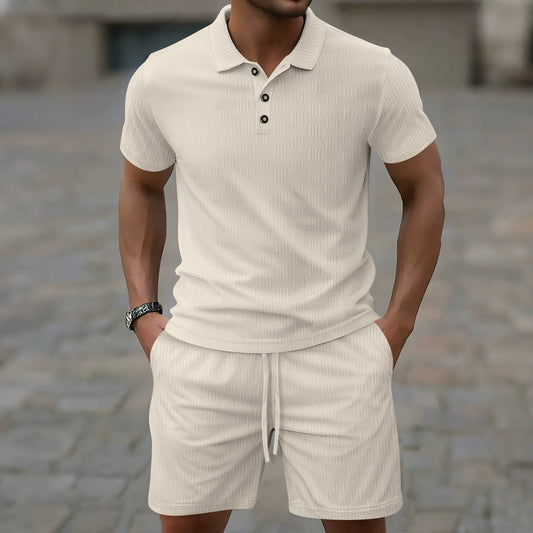 Solid color lapel button short polo suit - Bellkmart