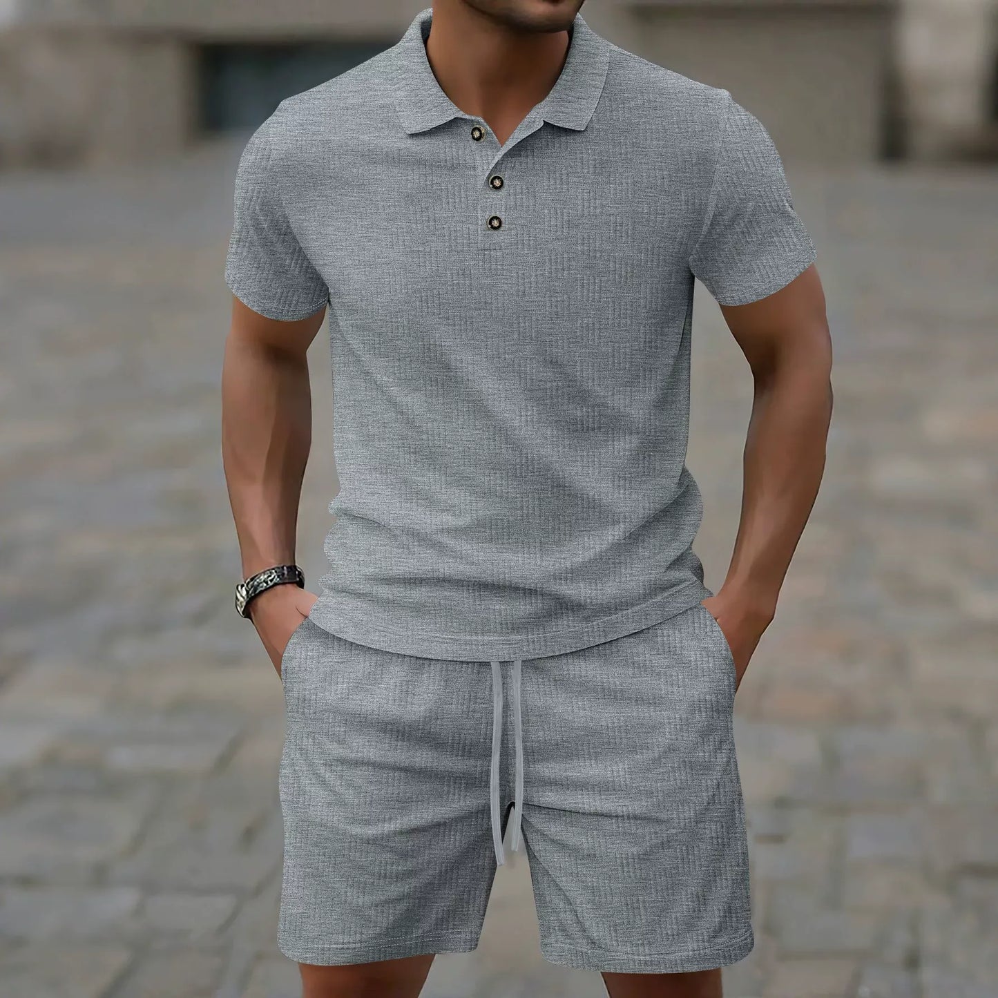 Solid color lapel button short polo suit - Bellkmart