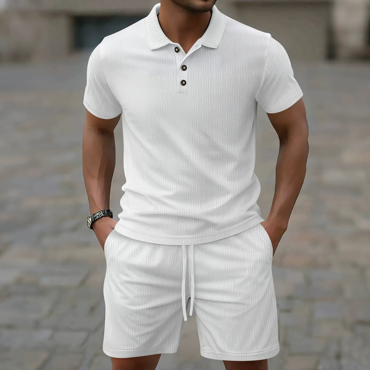 Solid color lapel button short polo suit - Bellkmart