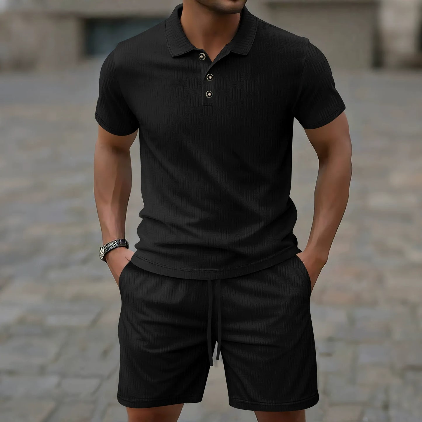 Solid color lapel button short polo suit - Bellkmart