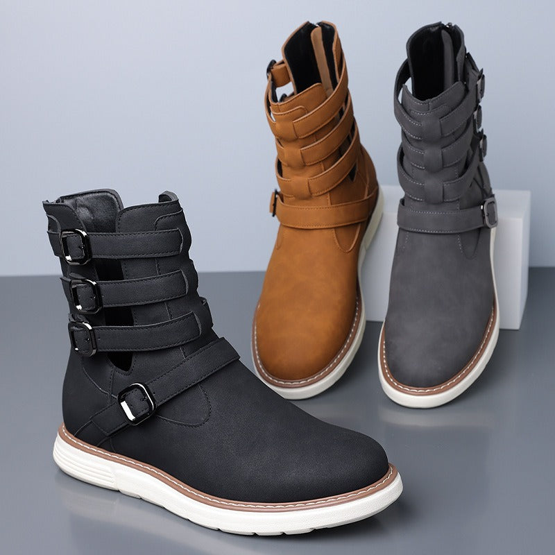 Simple hollow Daily Leather Comfy Boots - Bellkmart
