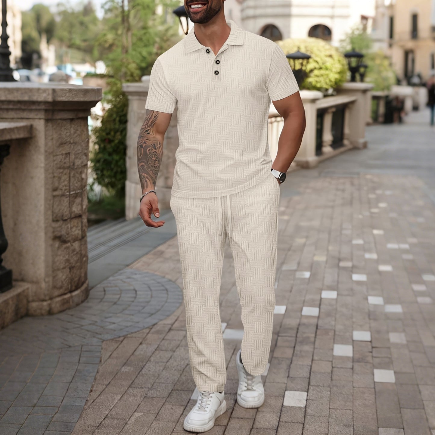 Jacquard Lapel Button POLO Shirt Set - Bellkmart