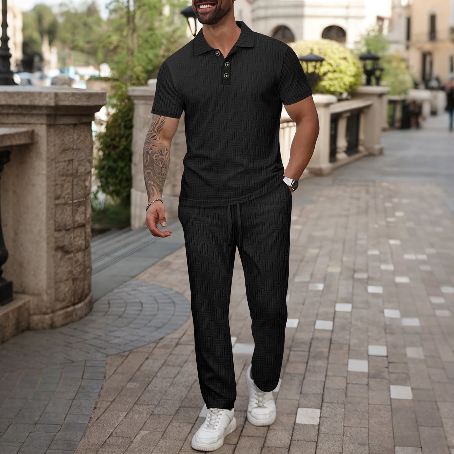 Jacquard Lapel Button POLO Shirt Set - Bellkmart