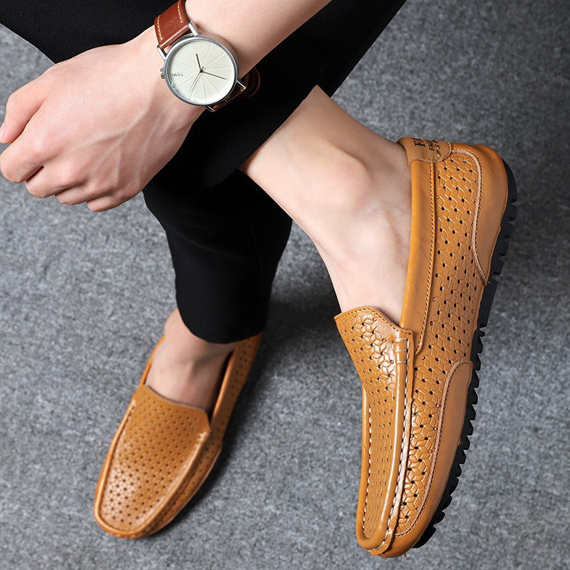 Hollow breathable slip-on driving leather shoes - Bellkmart
