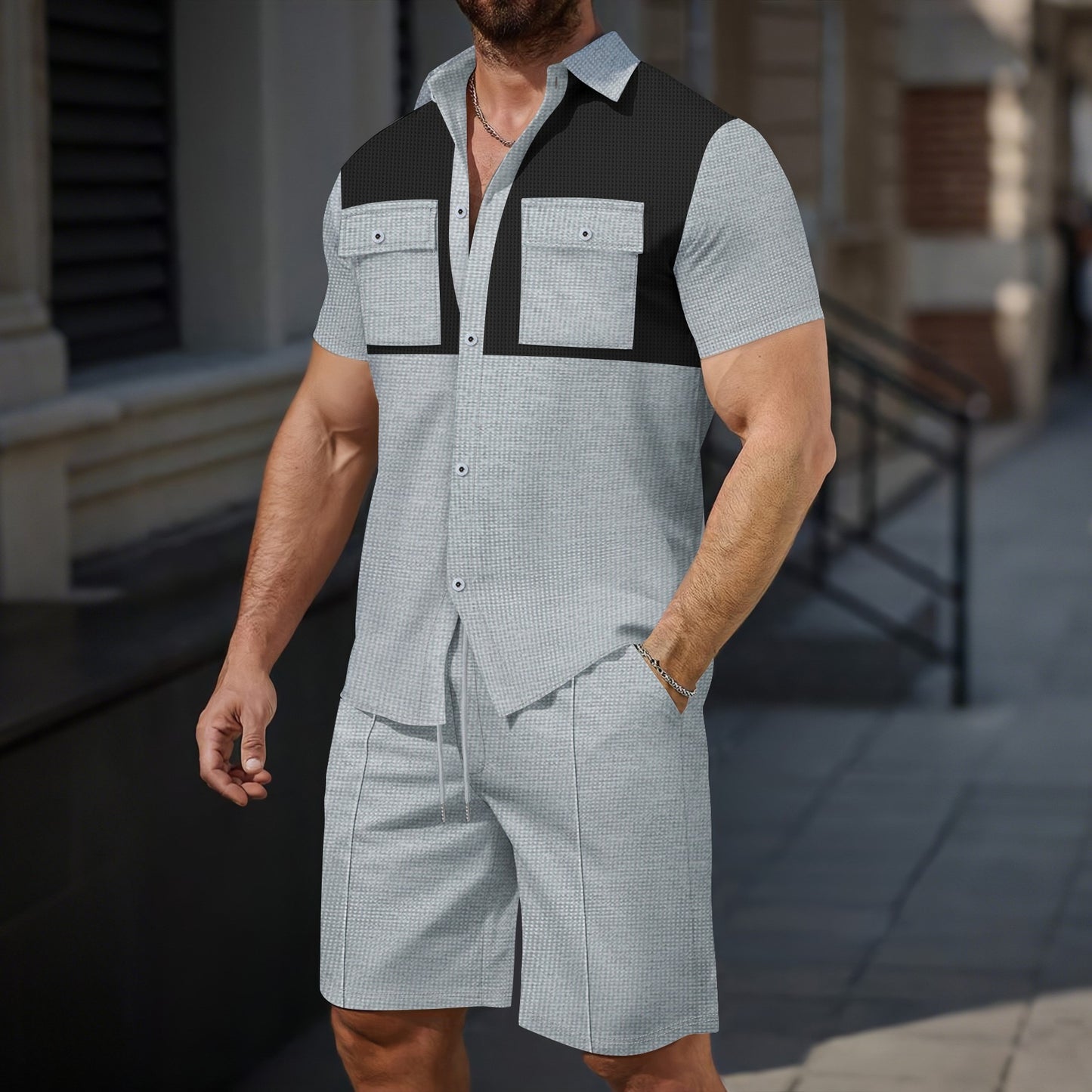 Pocket-breasted color-blocked casual suit - Bellkmart