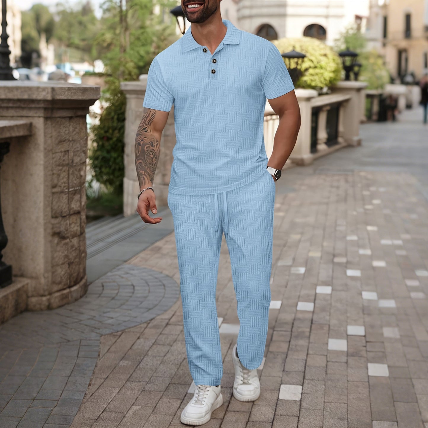 Jacquard Lapel Button POLO Shirt Set - Bellkmart