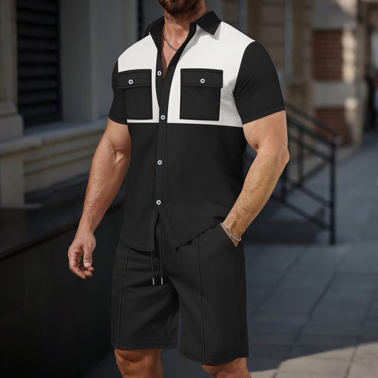 Pocket-breasted color-blocked casual suit - Bellkmart