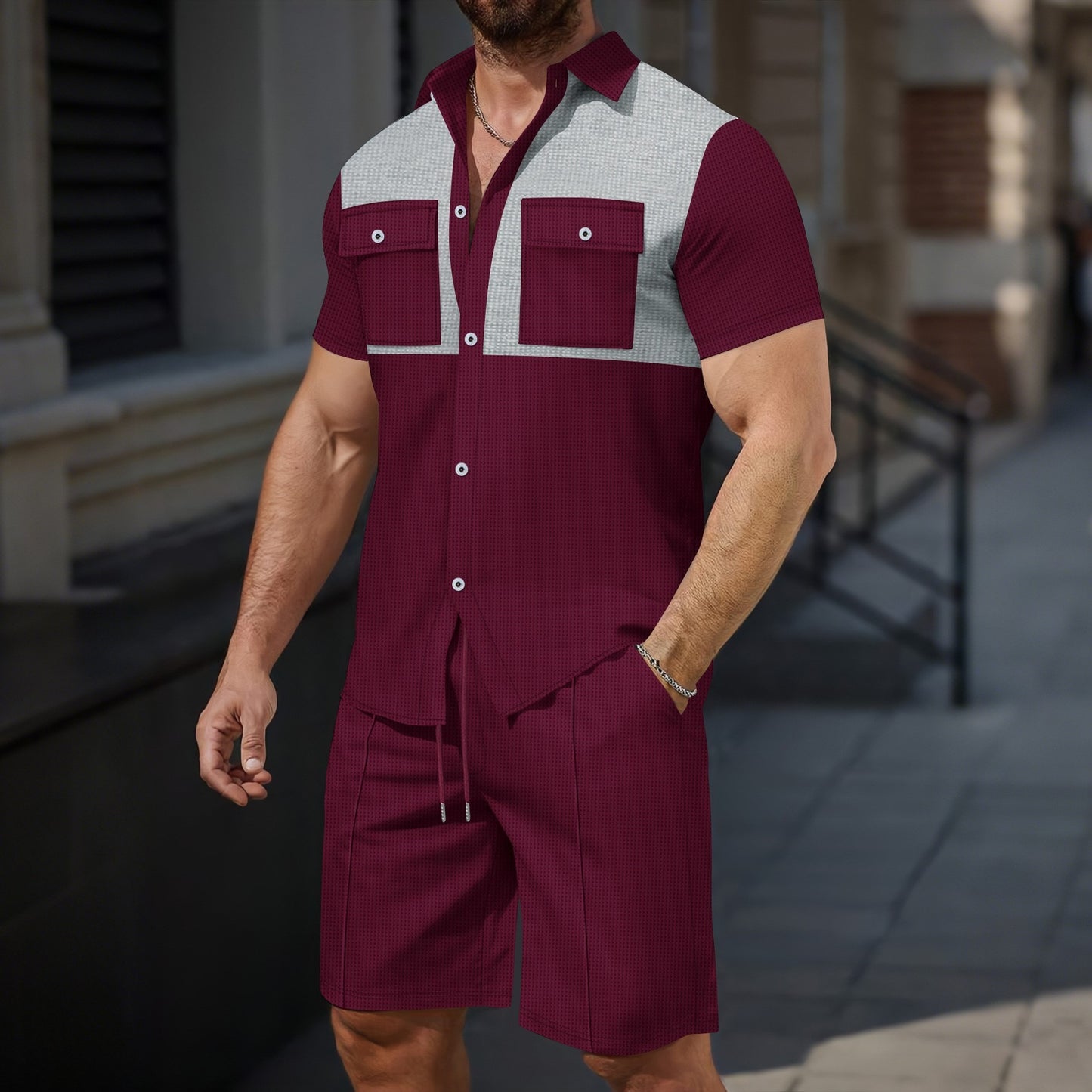Pocket-breasted color-blocked casual suit - Bellkmart