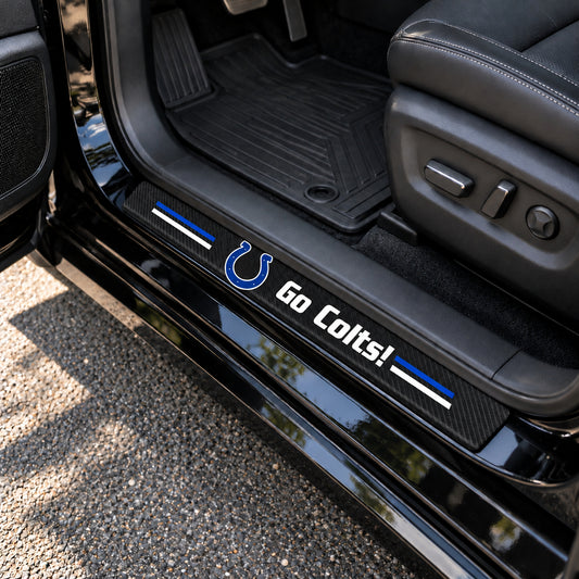 Indianapolis Colts carbon fiber texture car door sill protector strips installed on a black car