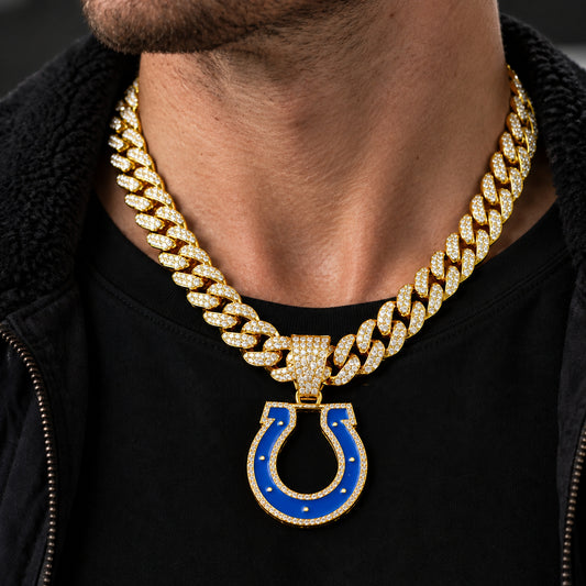 Indianapolis Colts gold-tone rhinestone Cuban-link necklace, worn view