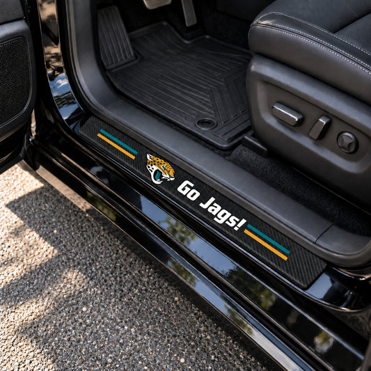 Jacksonville Jaguars carbon fiber texture car door sill protector strips installed on a black car