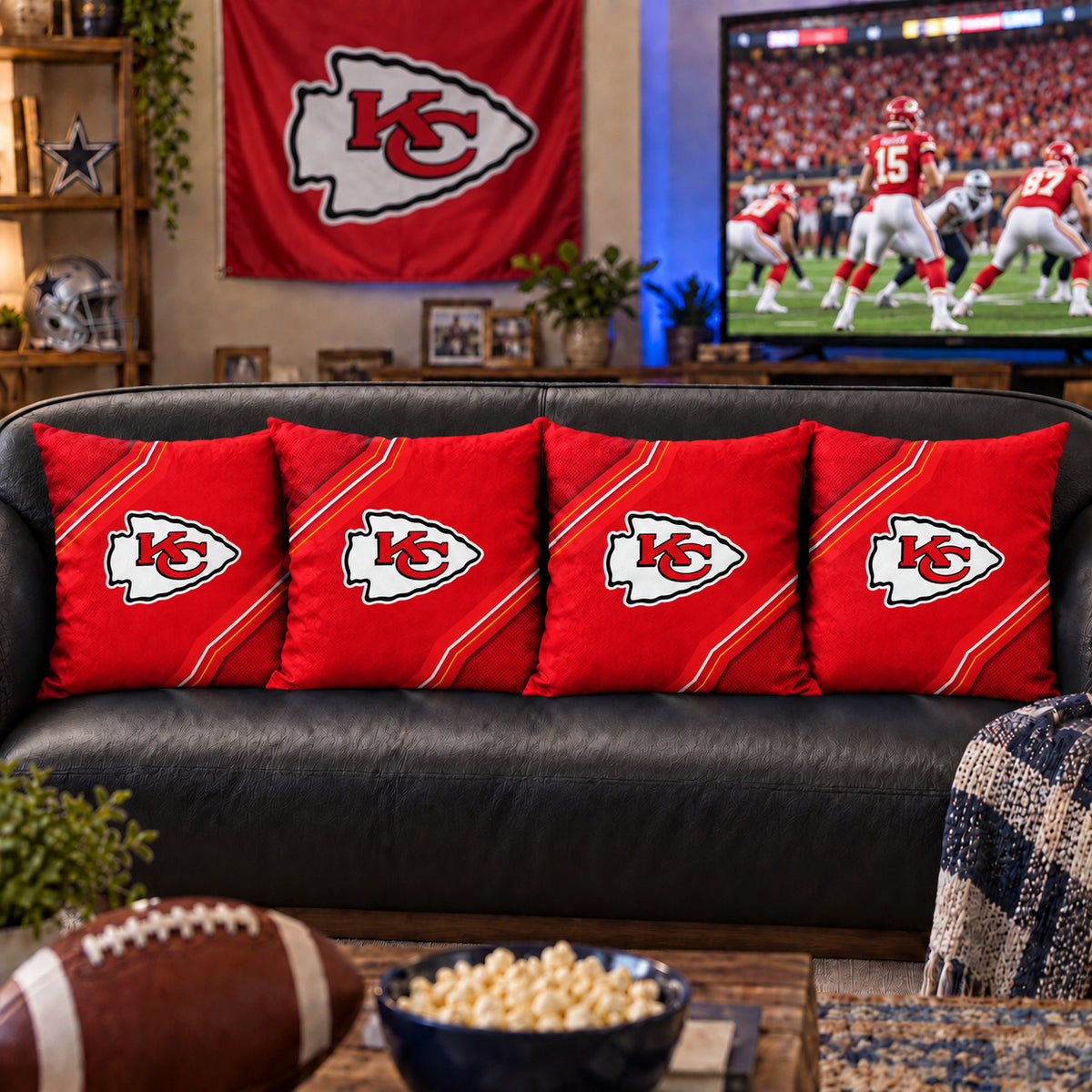 Matching Kansas City Chiefs sofa cushion covers shown in a living-room styling example