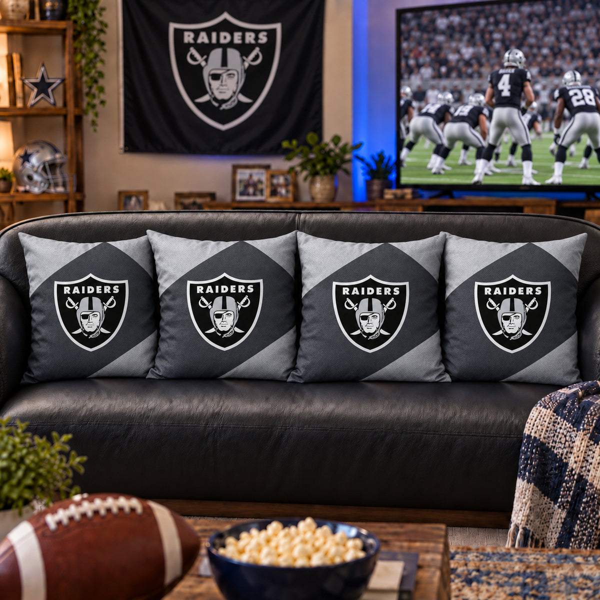 Matching Las Vegas Raiders sofa cushion covers shown in a living-room styling example